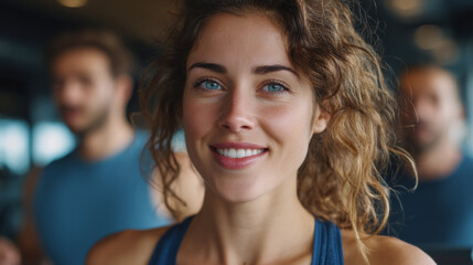 Obraz premium Fitness Stride: A captivating woman, radiating positivity with an infectious smile, strides purposefully on a treadmill, embodying a vibrant commitment to wellness and a healthy lifestyle.