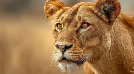 Close up portrait of a lioness with amber eyes and tan fur against a blurred background outdoors