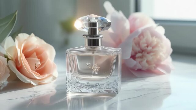 A bottle of perfume with a flower. Clear glass perfume bottle with a crystal cap
