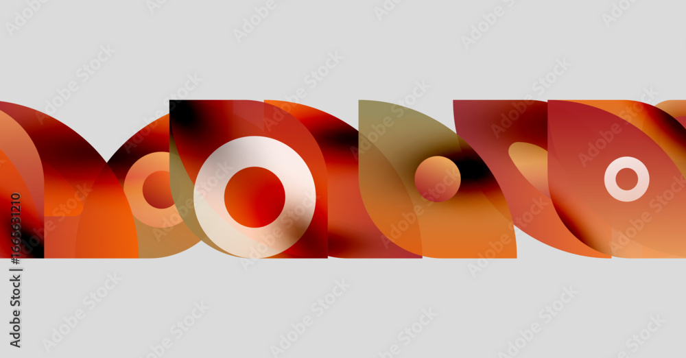 Poster abstract composition featuring overlapping orange, brown circles. shapes create wavelike pattern on 