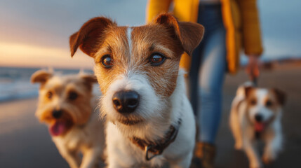 Joyful Trio on Beach: A collection of happy dogs and their owner embark on a beach stroll as they are showered in the golden light.