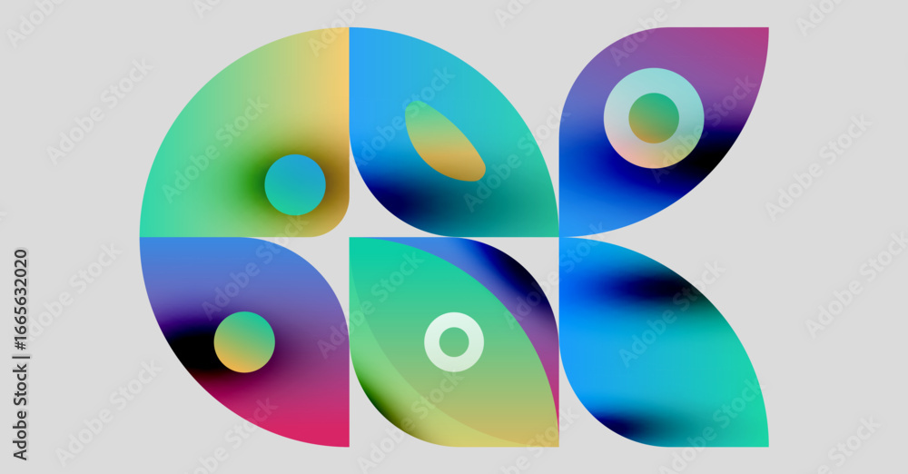 Poster abstract colorful shapes overlap, creating dynamic visual composition. gradients blend hues, forming