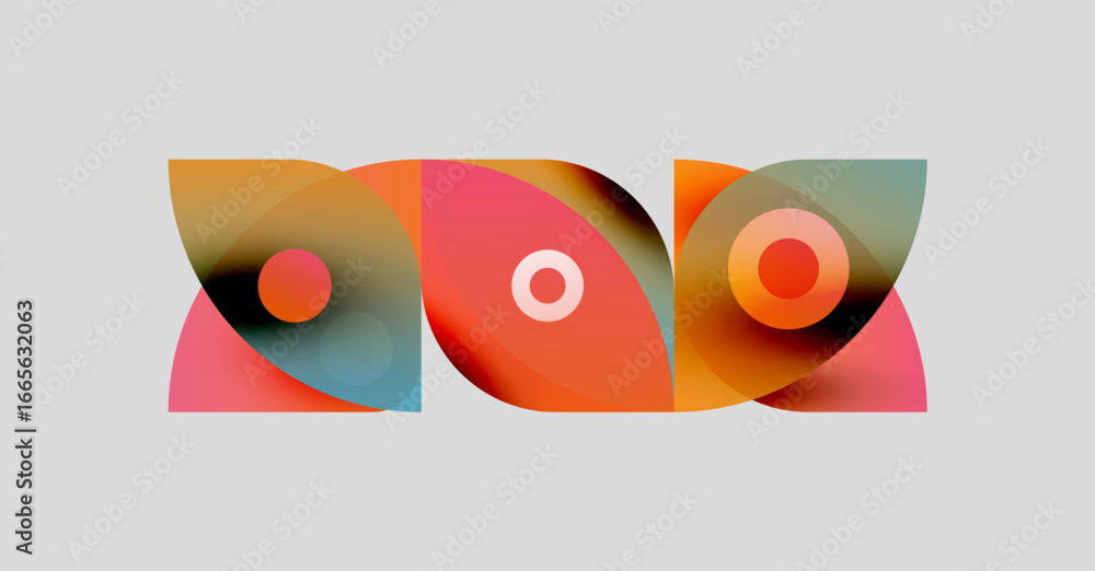 Poster abstract shapes overlap, creating vibrant color blends. soft gradients suggest movement, forming pla