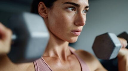 A person lifting light weights in a home gym, casual workout attire, focused expression