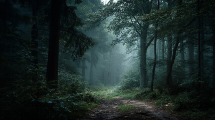 Fototapeta premium A winding dirt path through a dense forest shrouded in mist and deep shadows of the trees there