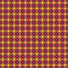 Graphic pattern, floral pattern, radial shapes of orange-red circles, the background is a deep purplish-red color, making the yellow-orange circles stand out more, bright, hot, used for fabric design
