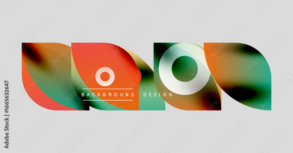 Poster abstract colorful shapes overlap. fluid lines create dynamic visual effect. background includes text