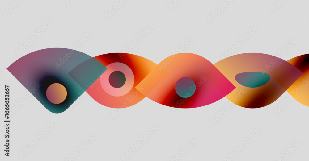 Poster abstract colorful shapes overlap, creating wave pattern. soft gradients blend, forming dynamic visua