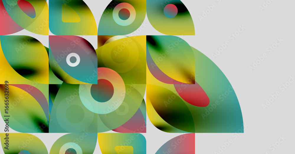 Poster abstract composition. overlapping colorful shapes create dynamic visual texture. gradients blend yel
