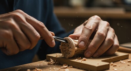 Close up of a craftsman meticulously carving a wooden object with a chisel in a workshop setting