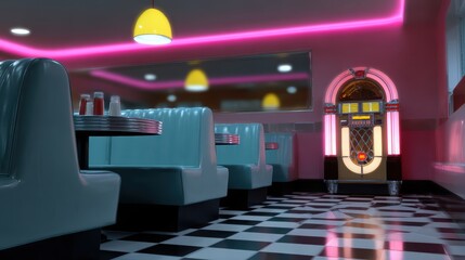 A retro diner scene with checkered floors, vinyl booths, and jukebox glowing in neon lights