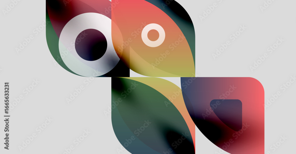 Poster abstract shapes overlap, creating vibrant color blends. soft gradients suggest depth, form modern de