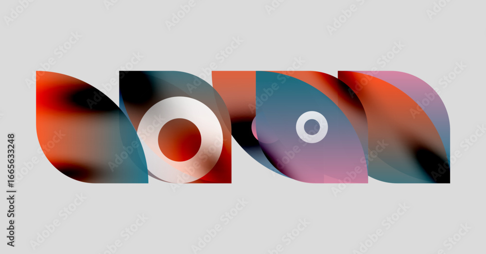 Poster abstract colorful shapes overlap, creating dynamic visual composition. gradients blend, forming mode