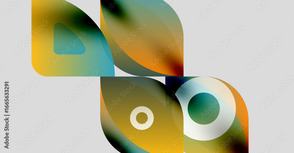 Poster abstract shapes overlap, creating vibrant color blends. smooth gradients suggest fluid movement, mod