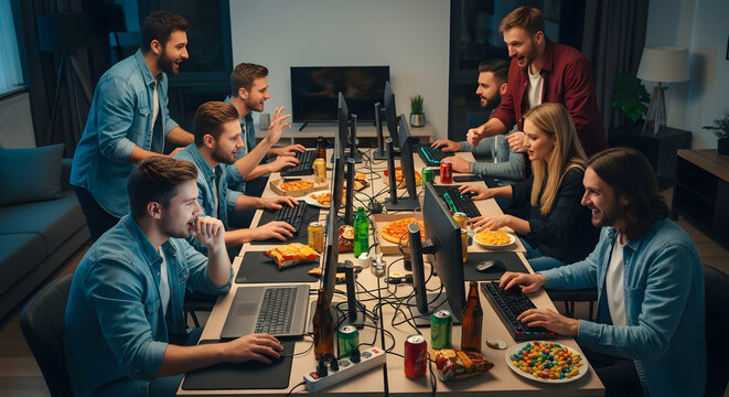 Diverse team collaborating on coding project in modern office late at night, fueled by snacks and camaraderie, creating a productive and energetic atmosphere.