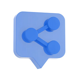 3d blue share icon with connected nodes inside a speech bubble shape for digital sharing and communication
