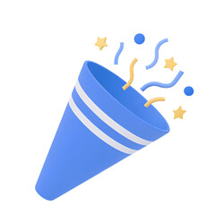Festive blue party popper exploding with colorful confetti and stars for celebrations
