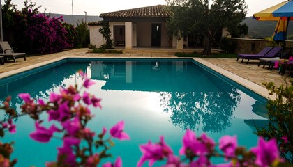 Tranquil poolside scene with a tranquil teal pool, a light-colored stone patio, and vibrant pink bougainvillea flowers, showcasing a peaceful outdoor retreat.