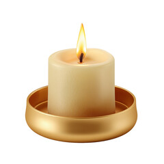 Close-up of a lit beeswax candle in a golden holder casting a warm glow on a dark surface transparent background
