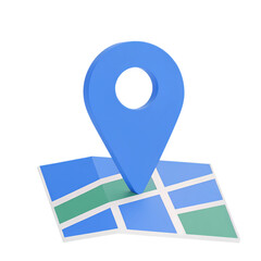 Blue location pin marker hovering over folded map icon for navigation and travel services