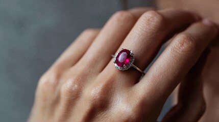 Close-up of a vintage-inspired ring with a large ruby, soft ambient light, muted grey background, woman is slender hand wearing the ring naturally