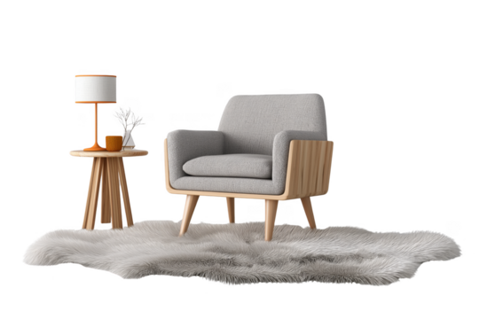 Cozy living room scene with armchair side table and faux fur rug for modern home decor transparent background