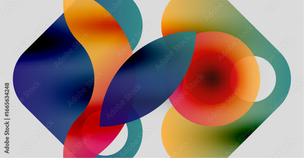 Poster abstract shapes overlap, creating vibrant color blends. smooth gradients suggest fluidity, depth, mo