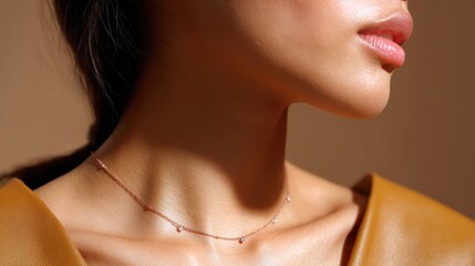 Detailed shot of a minimalist rose gold necklace with tiny charms, soft warm light, smooth tan leather background, model is collarbone and shoulder partially visible