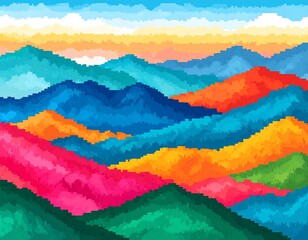 Colorful pixel art mountain range at sunrise