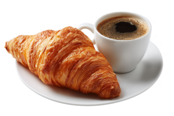 Delicious golden croissant and hot black coffee on a white plate breakfast duo transparent background