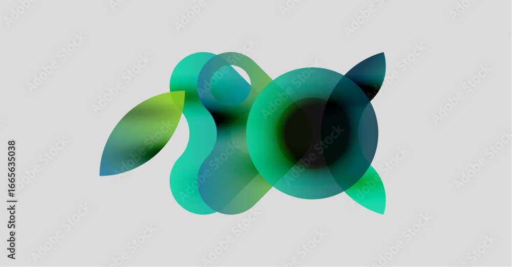 Poster abstract composition featuring overlapping translucent circles. colors range from teal to green, cre