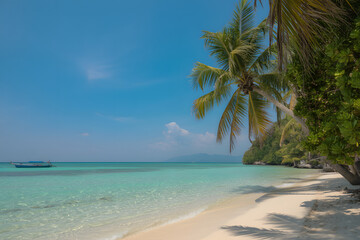 Tropical Paradise: A breathtaking view of a tropical beach with crystal-clear turquoise water, white sand, and lush palm trees, evoking a sense of serenity and inviting escape.
