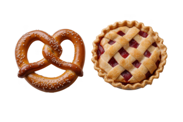 Delicious pretzel and fruit tart pair deliciously presented for a sweet and savory treat transparent background