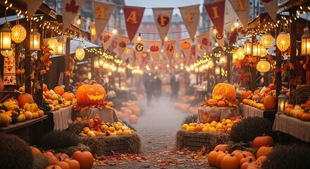 Autumn Market - Pumpkins, Lanterns, and Festive Fall Decorations.