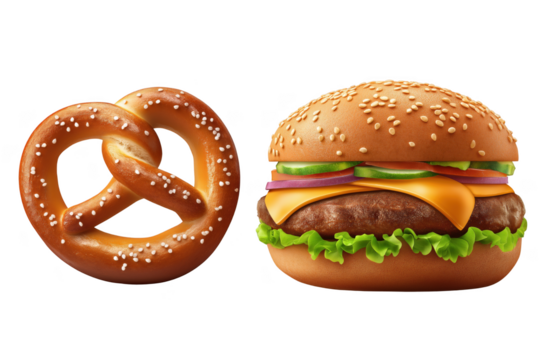 Delicious pretzel and gourmet burger meal isolated for food photography transparent background