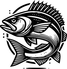 Stylized black and white illustration of a fish jumping inside a circle with detailed fins and tail