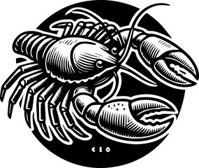 Detailed monochrome illustration of a lobster with prominent claws on a circular background