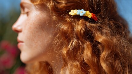 Naklejka premium Close-up of a colorful hair clip adorning loose natural curls, warm sunlight highlighting the vibrant colors, soft blurred floral background