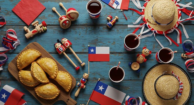 Chilean empanadas and traditional decorations celebrating independence day on rustic blue wooden table create a festive and patriotic atmosphere.