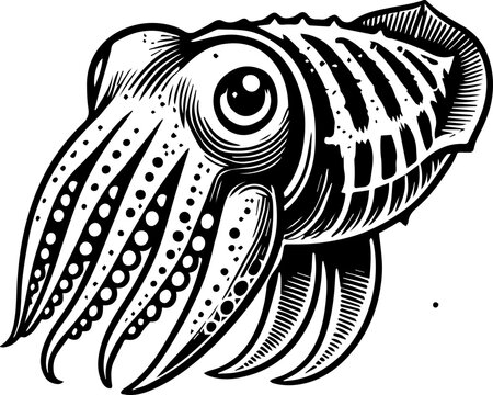Monochrome illustration of a cuttlefish with tentacles and decorative dots on a black oval shape