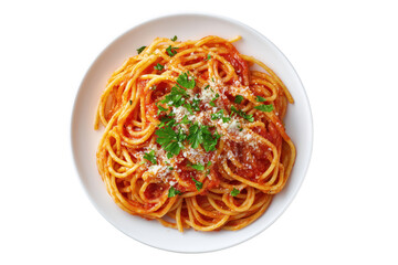 Delicious spaghetti pasta dish with tomato sauce and parmesan cheese top view food photography appetizing italian cuisine meal transparent background
