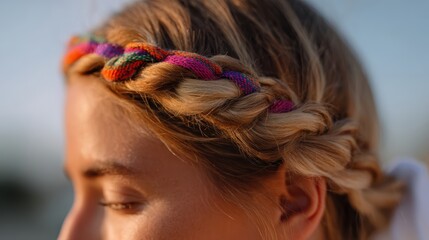 Naklejka premium Close-up of a boho-style braided hairstyle with colorful woven headband, warm afternoon light, soft linen fabric background