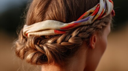 Close-up of a boho-style braided hairstyle with colorful woven headband, warm afternoon light, soft linen fabric background