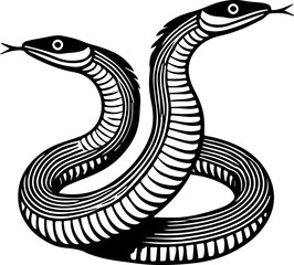 Illustration of a two headed snake coiled with its tongues out in a detailed black and white design
