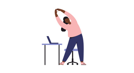 Fototapeta premium Woman Stretching Near Desk with Laptop Computer.