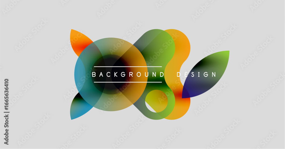 Poster abstract colorful shapes overlap, creating dynamic visual effect. background features gradients, tex
