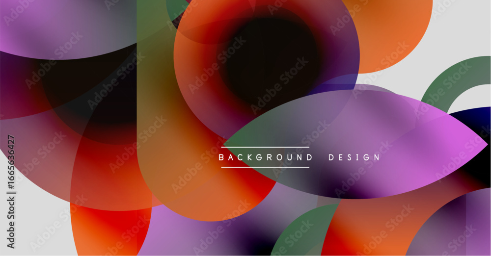 Poster abstract colorful shapes overlap, creating dynamic visual effect. gradient hues blend, forming moder