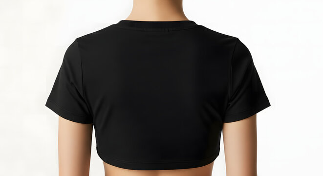 A clean mockup of a women's black activewear crop top, showing the back view on a model, providing a blank template for gym, fitness, or dance apparel branding
