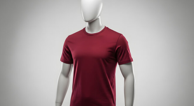A clean product mockup of a plain deep red t-shirt on a minimalist white mannequin, for a men's fashion retail display or e-commerce catalog