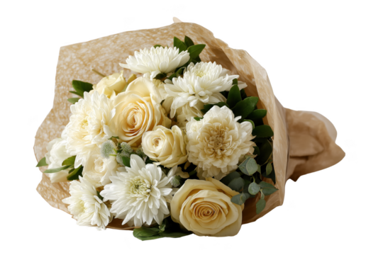 Elegant white and peach rose bouquet wrapped in kraft paper a beautiful floral arrangement transparent background